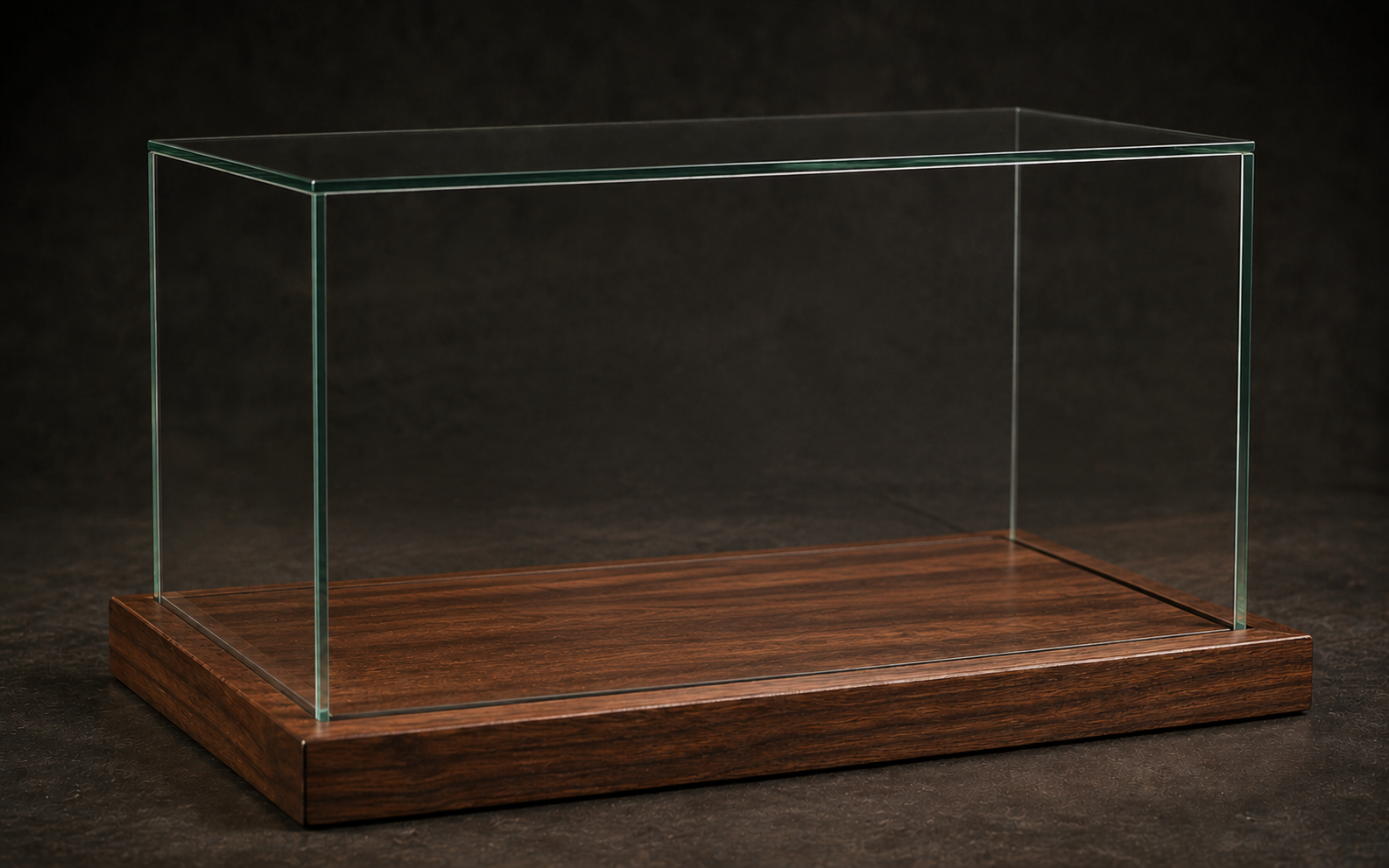 Empty clear glass and walnut-finished display case