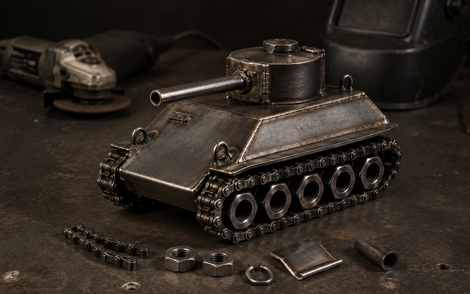 M4 Sherman-inspired sculpture during hand finishing on a steel workshop bench