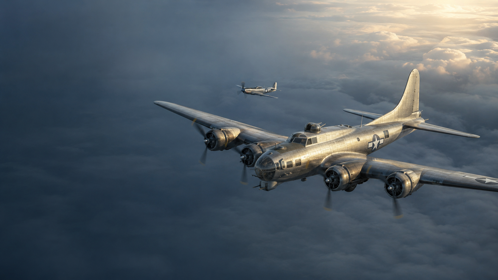 World War II military aircraft above clouds